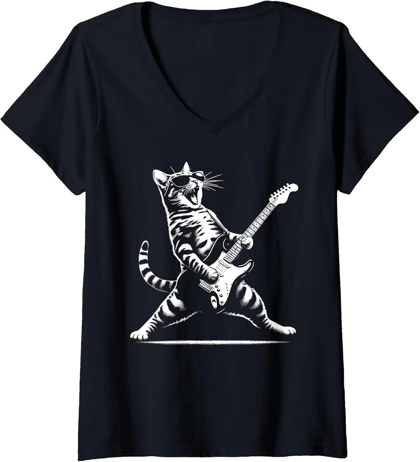 Womens Guitar Cat Novelty Rock Music Band Concert Funny Cat V-Neck T-Shirt