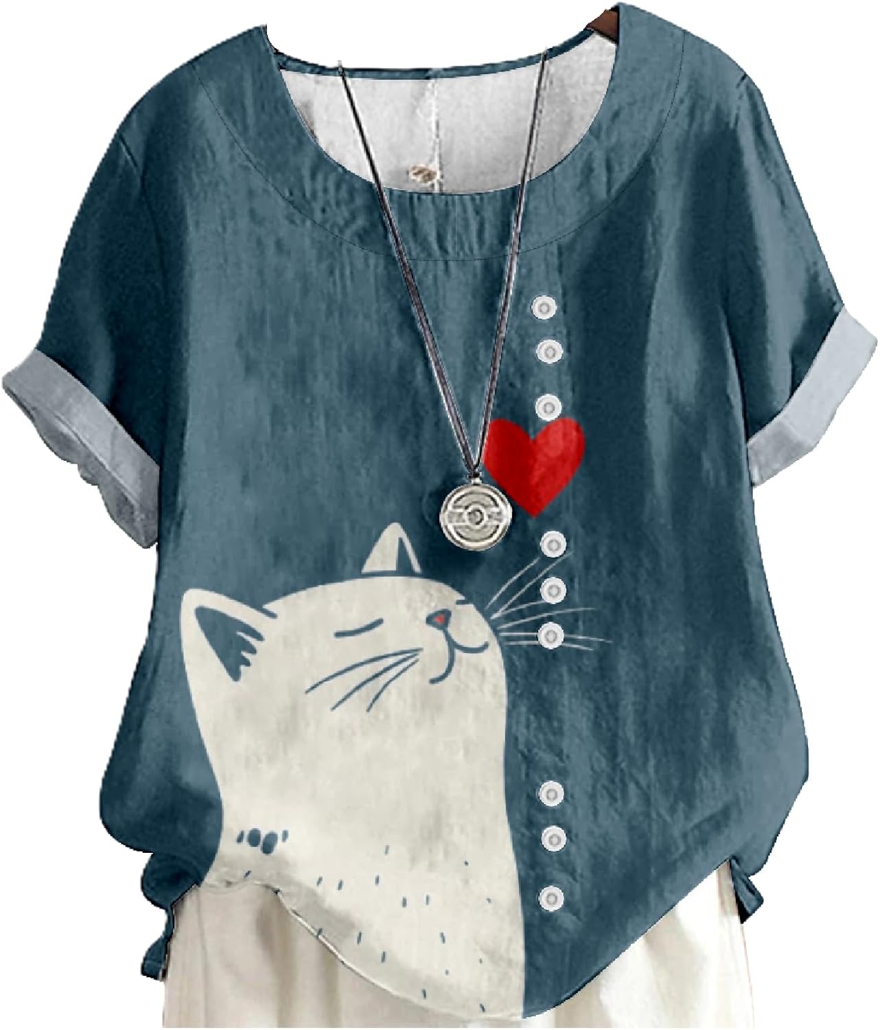 Cotton Linen Tops Womens Cute Cat Printed Short Sleeve Crewneck Casual Trendy Blouses Summer Retro Shirts