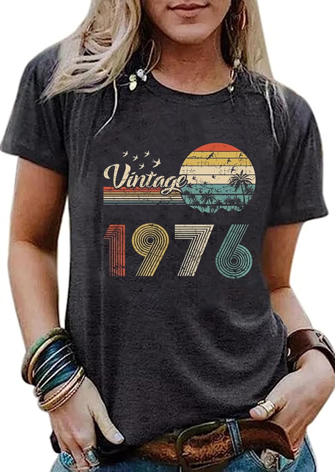 50th Birthday Gift for Women Vintage 1976 Shirts for Her Letter Print Retro BD Tops Casual Short Sleeve Tee