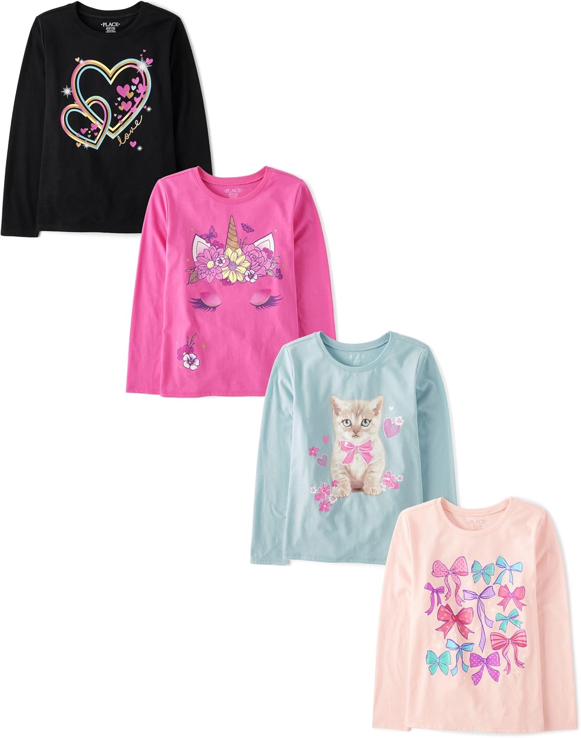 Girls' Unicorns,Sports,Butterflies Long Sleeve Graphic T-Shirts,4 Pack