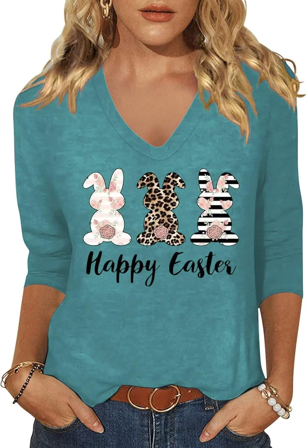 Womens 3/4 Sleeve V Neck T-Shirts Valentina's Day Spring Shirts Love Heart Graphic Tee Tops
