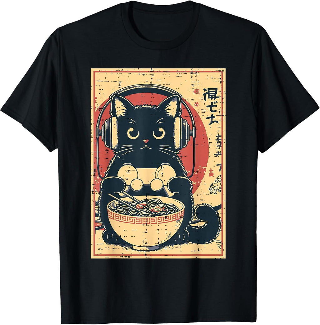 Japanese Cat Gamer Controller Ramen Gaming Art Men Boys Kids T-Shirt