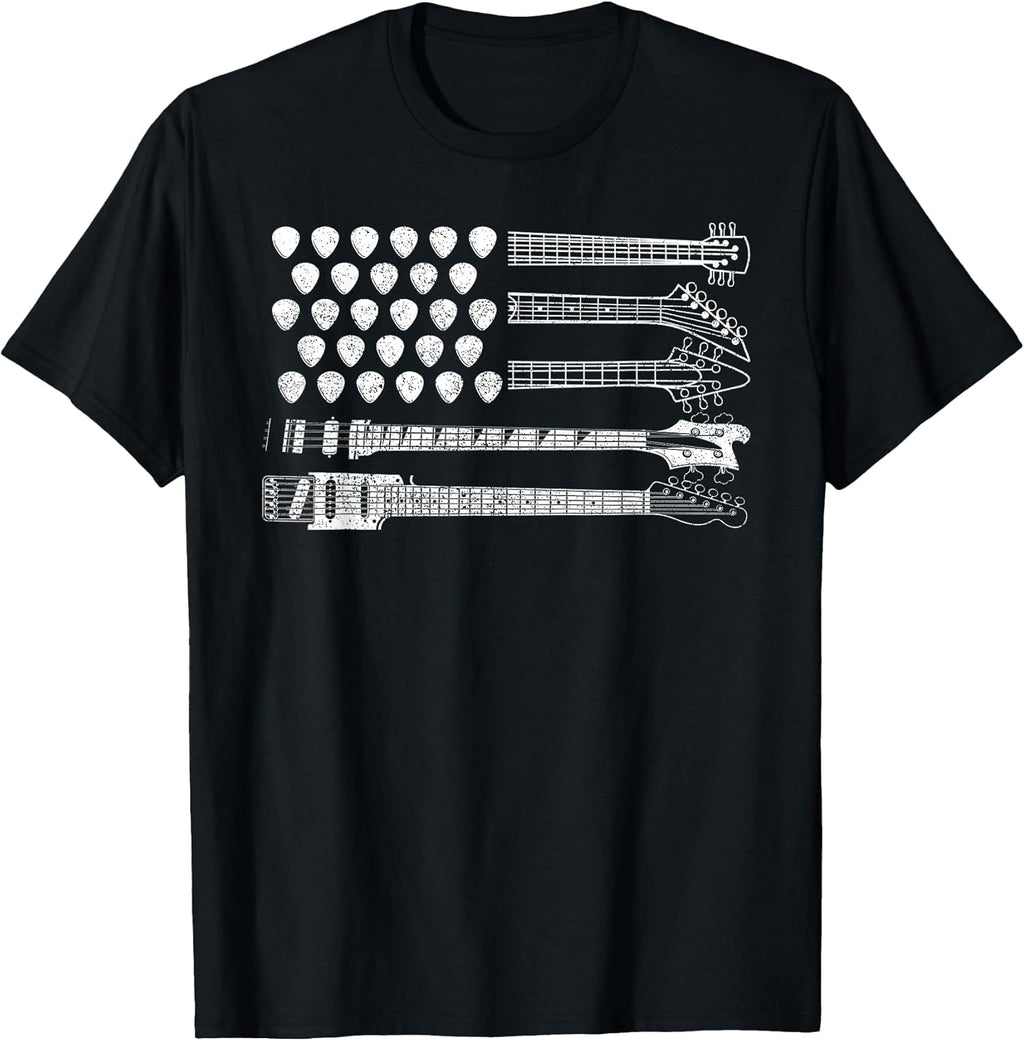 Lets Rock Rock n Roll Guitar Retro USA Flag T-Shirt