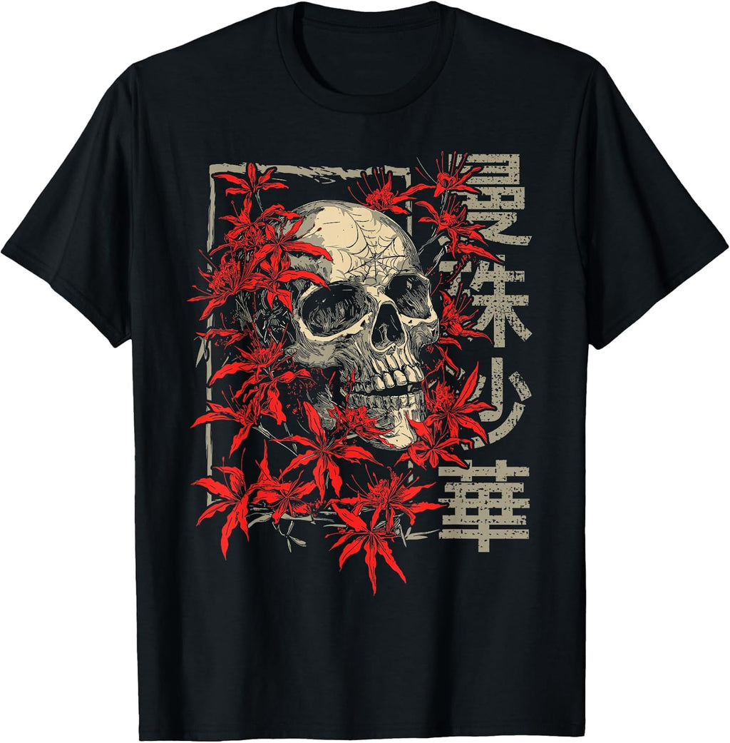 Red Spider Lily Flower Skull Skeleton Japanese Anime Otaku T-Shirt