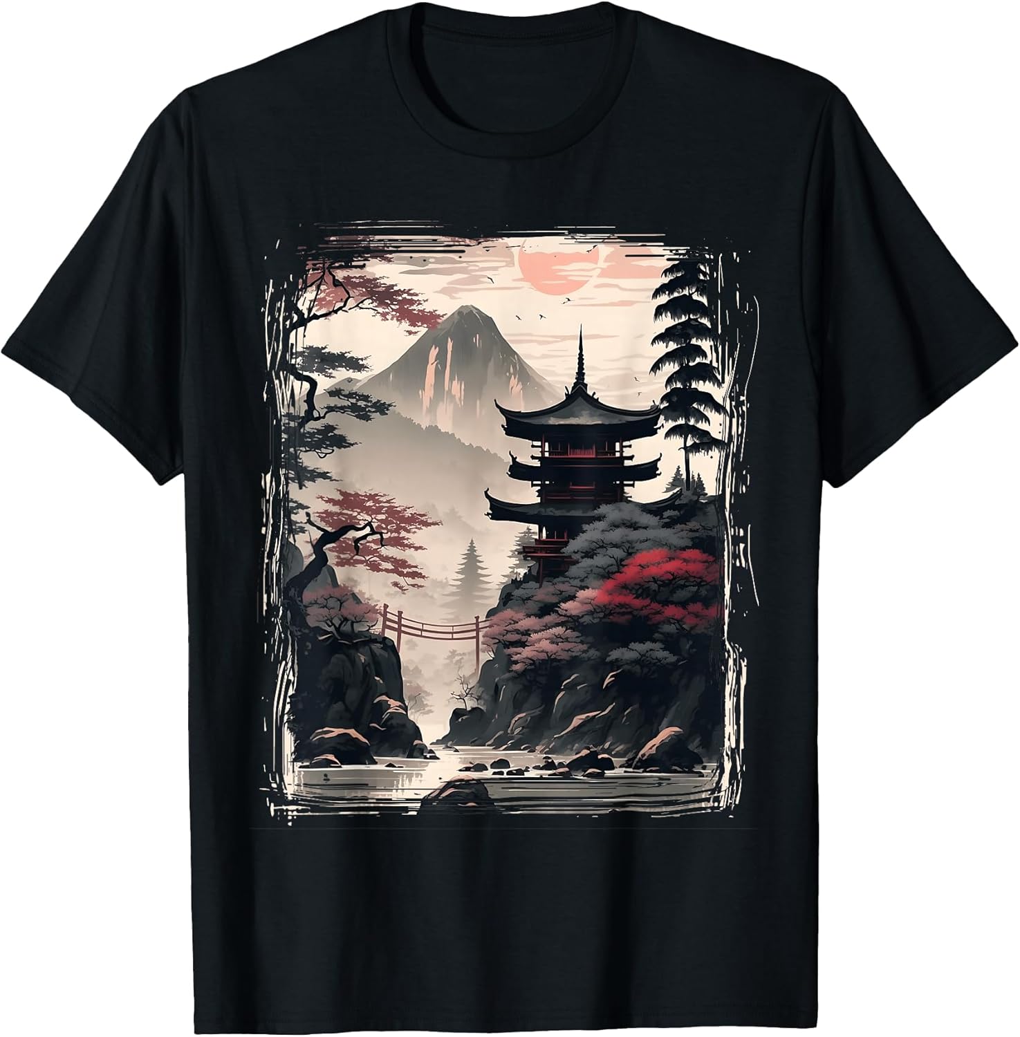 Vintage Japanese Flower Tee Mountain View Landscape Graphic T-Shirt