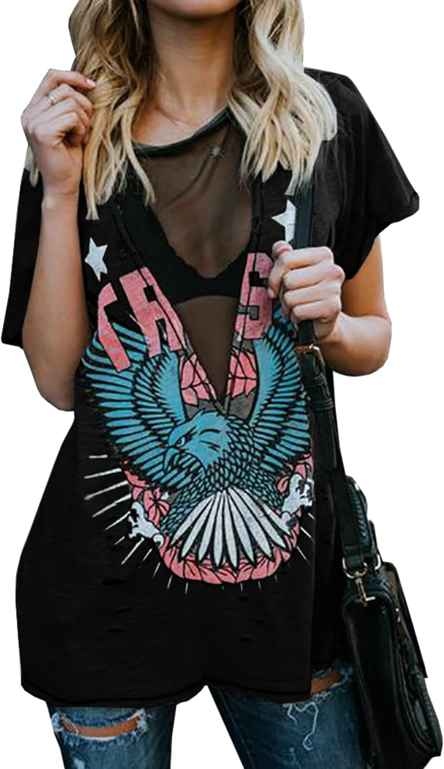 Womens Short Sleeve Graphic Tees Distressed Hawk Print Mesh V Neck Loose Sexy T-Shirt Tops