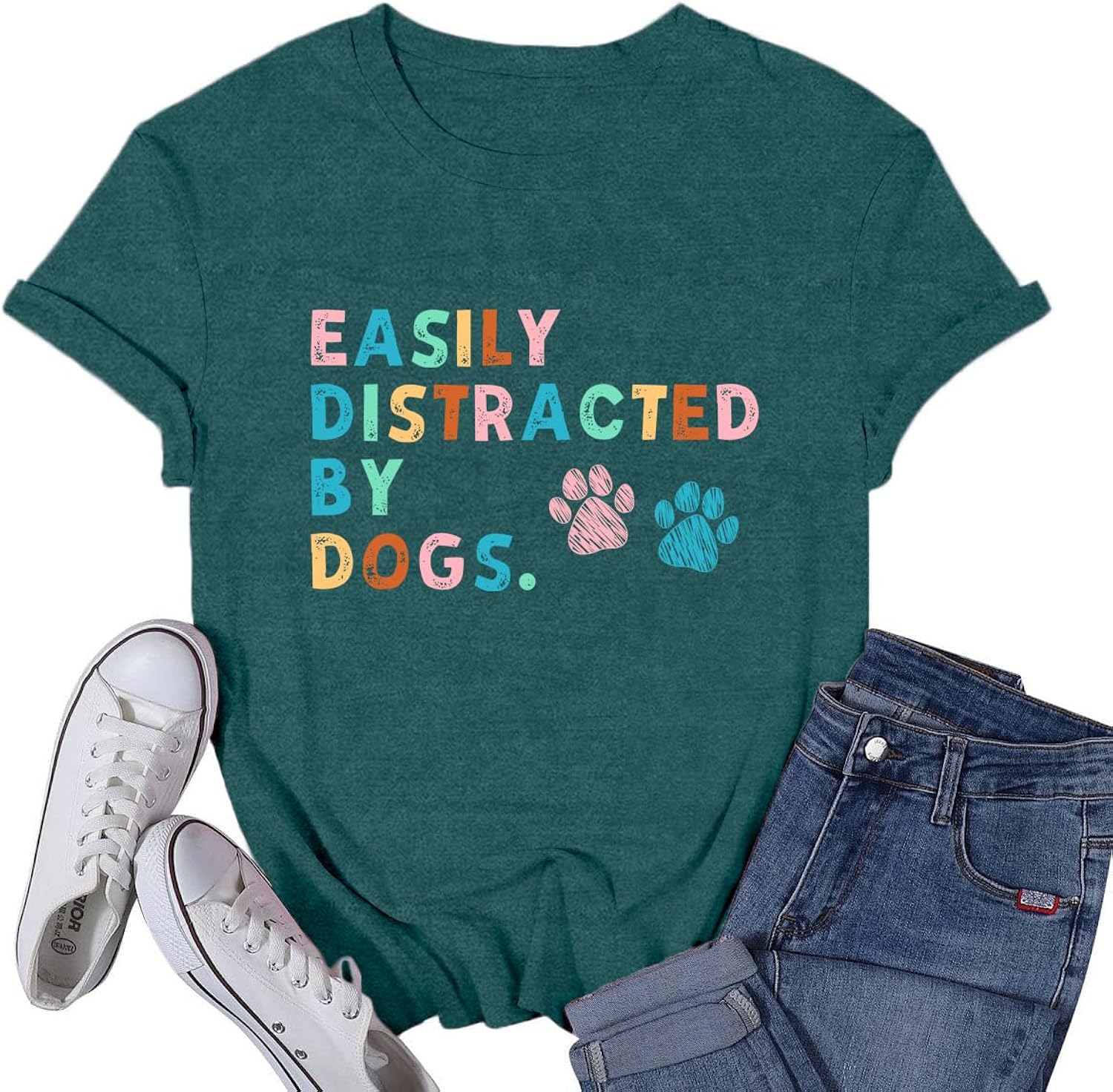 Womens Dog Shirts Easily Distracted by Dogs Tshirt Dog Mom Paw Pet Lover Tee Tops