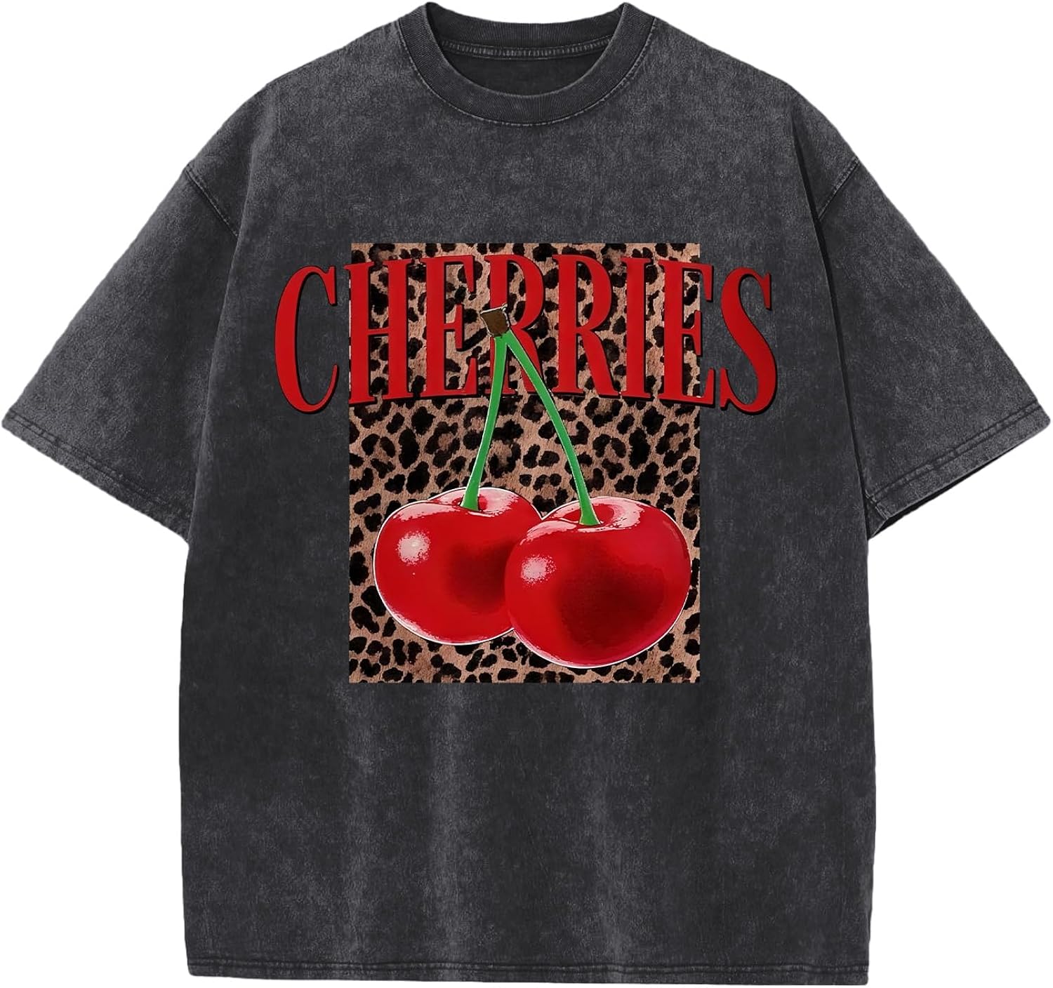 Oversized Cherry Graphic Tees for Women Vintage Leopard Cherry Fruit Shirt Acid Wash Crewneck Streetwear T Shirts Top