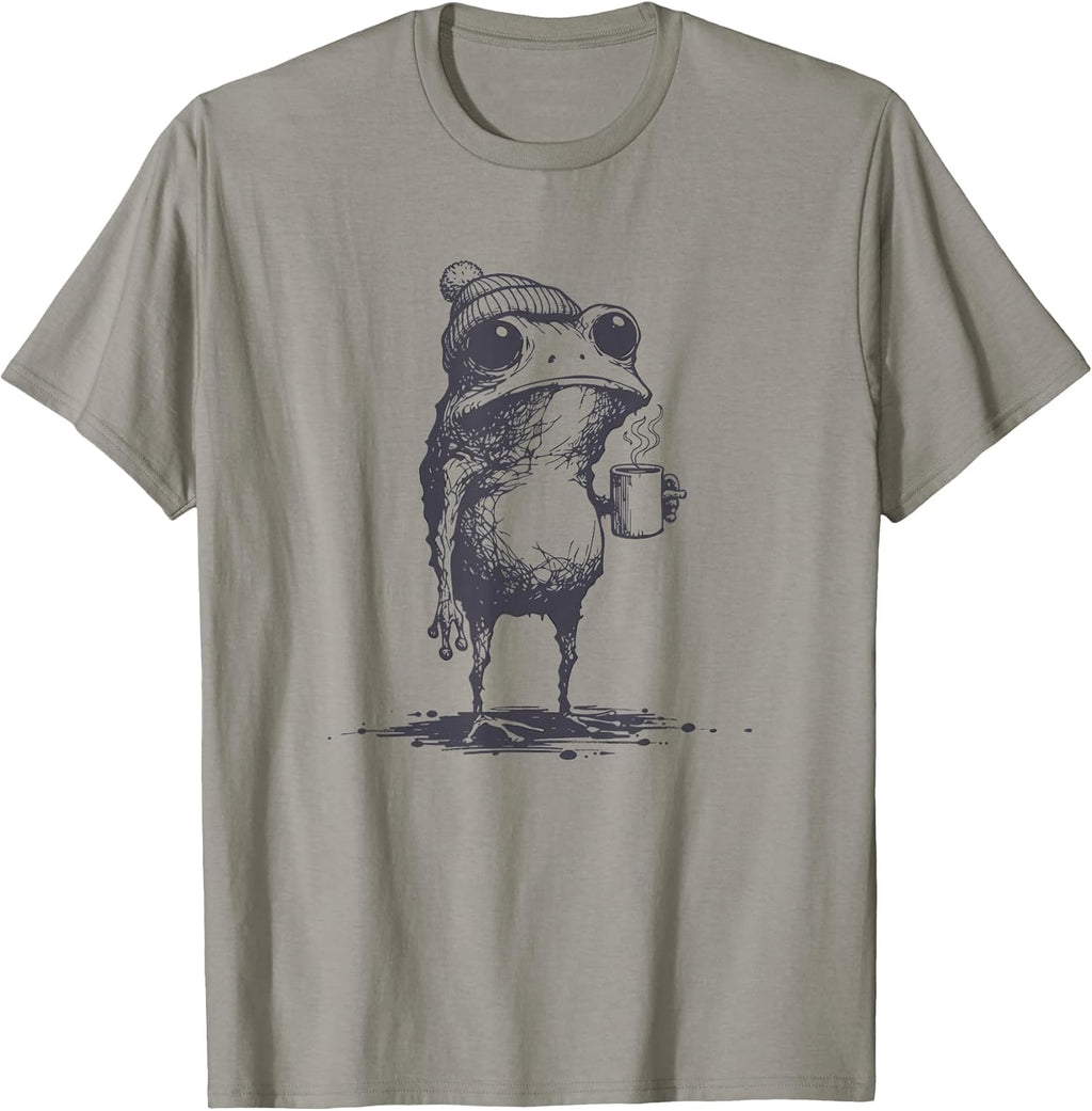 Funny Grumpy Frog Drinking Coffee Toad Design Men Women T-Shirt