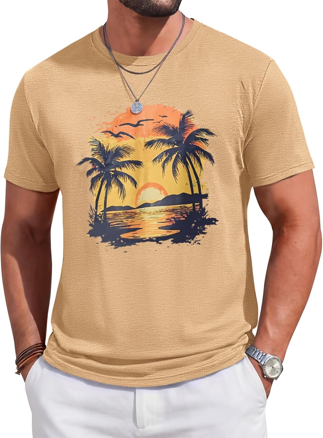Mens Short Sleeve T-Shirts Crew Neck Casual Graphic Shirt Summer Beach Palm Tree Sunset Printed Vintage Hawaiian Tees