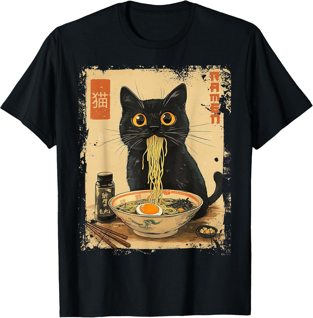 Cat Ramen Anime Kawaii Cat Eating Ramen Noodles T-Shirt, Unisex-Adults, Anime Fans, Girls, Young Females, Black, Small, Short Sleeve, T-Shirt