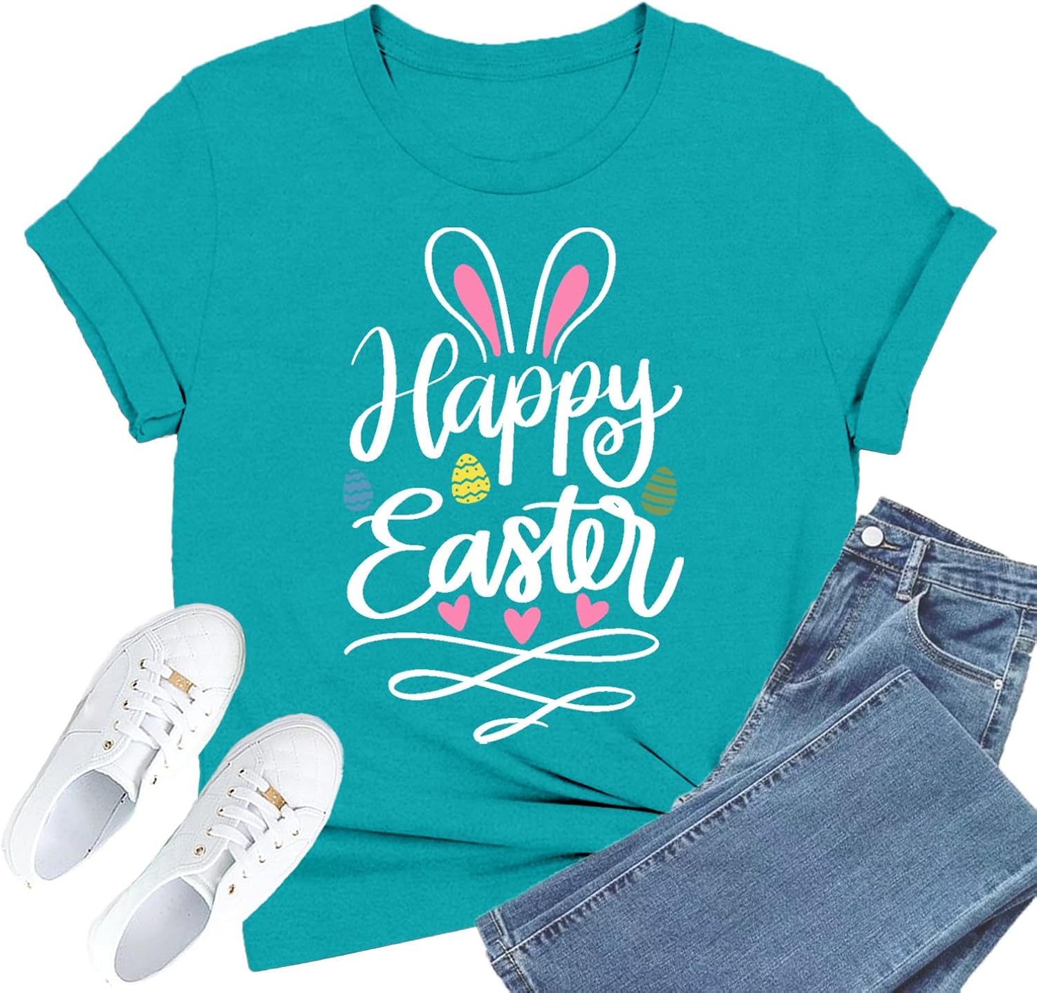 Easter Shirts for Women Happy Easter T-Shirt Rabbit Ear Egg Print Tee Tops