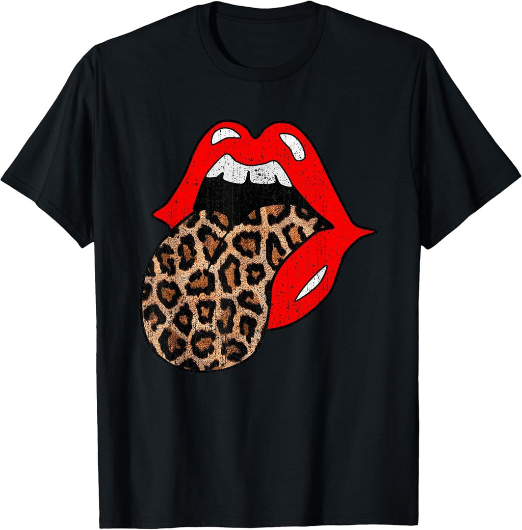 Red Lips Leopard Tongue Shirt Vintage Trendy Animal Print T-Shirt