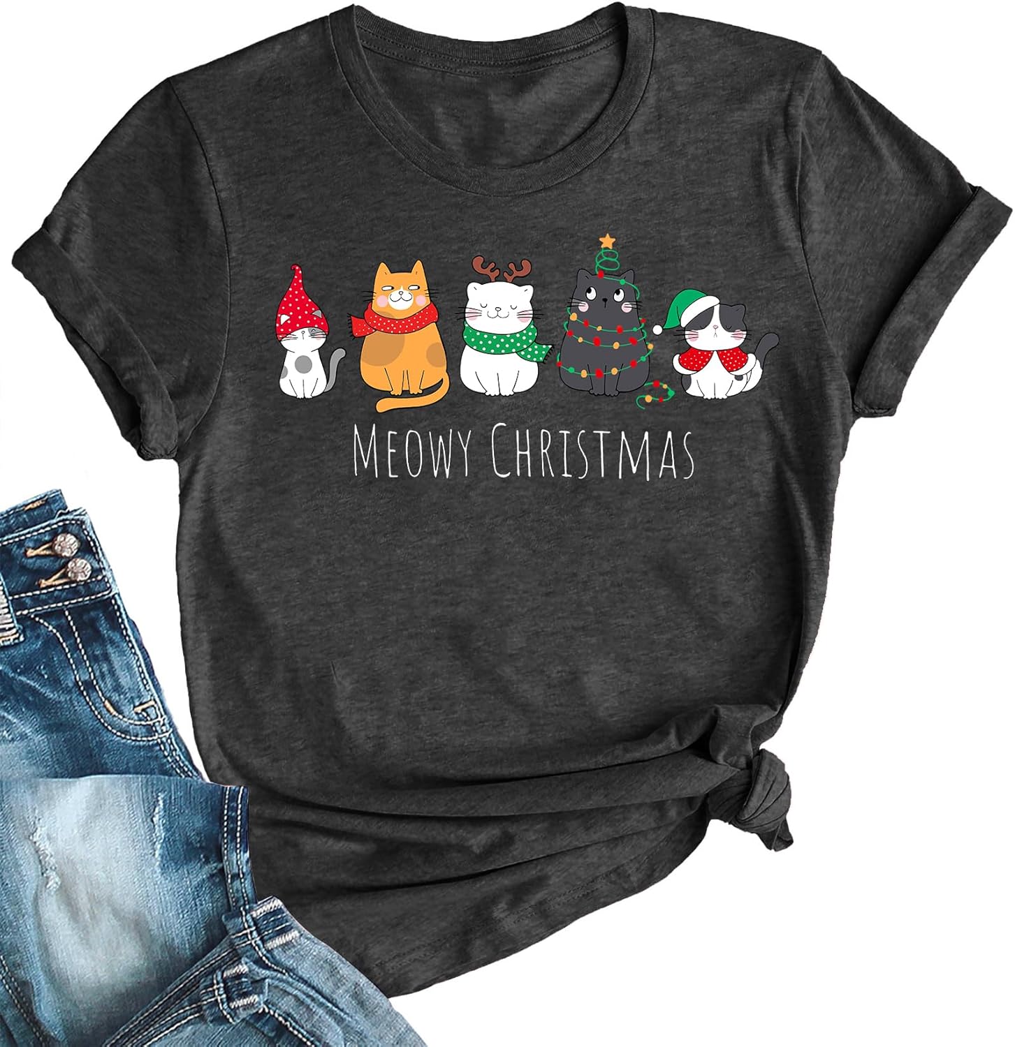 Christmas Shirts for Women Meowy Christmas Tshirt Cat Graphic Tee Short Sleeve Cat Lover Gifts Tops