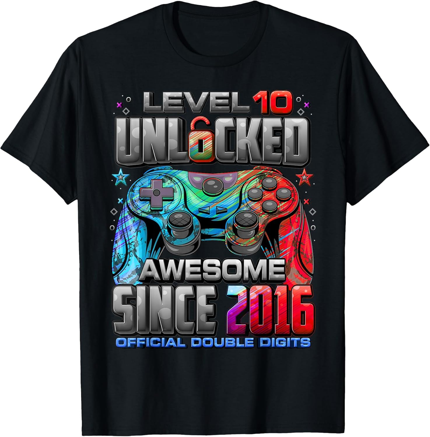 Level 10 Unlocked Awesome Since 2016 10th Birthday Gaming T-Shirt