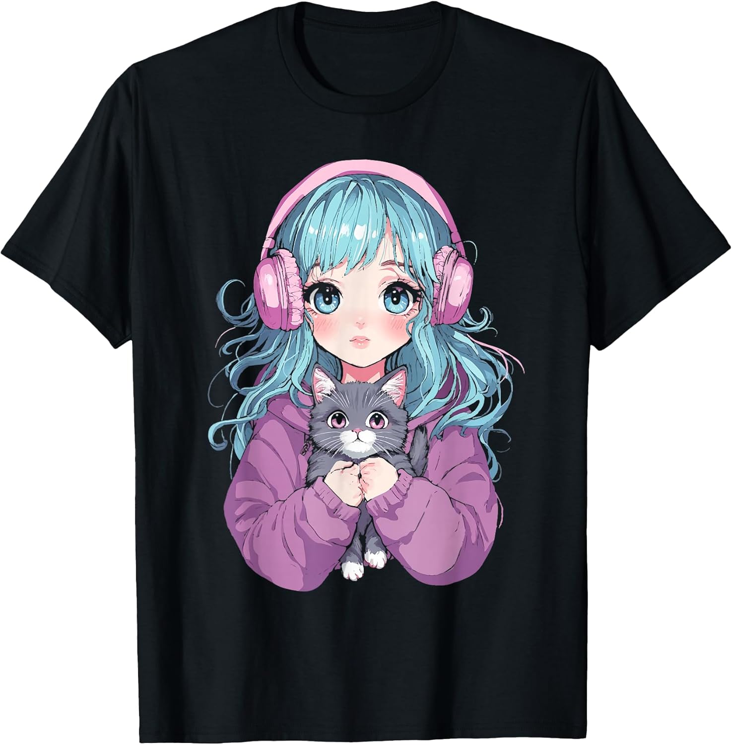 Anime Girl Cat Japanese Kawaii Teens Girls T-Shirt