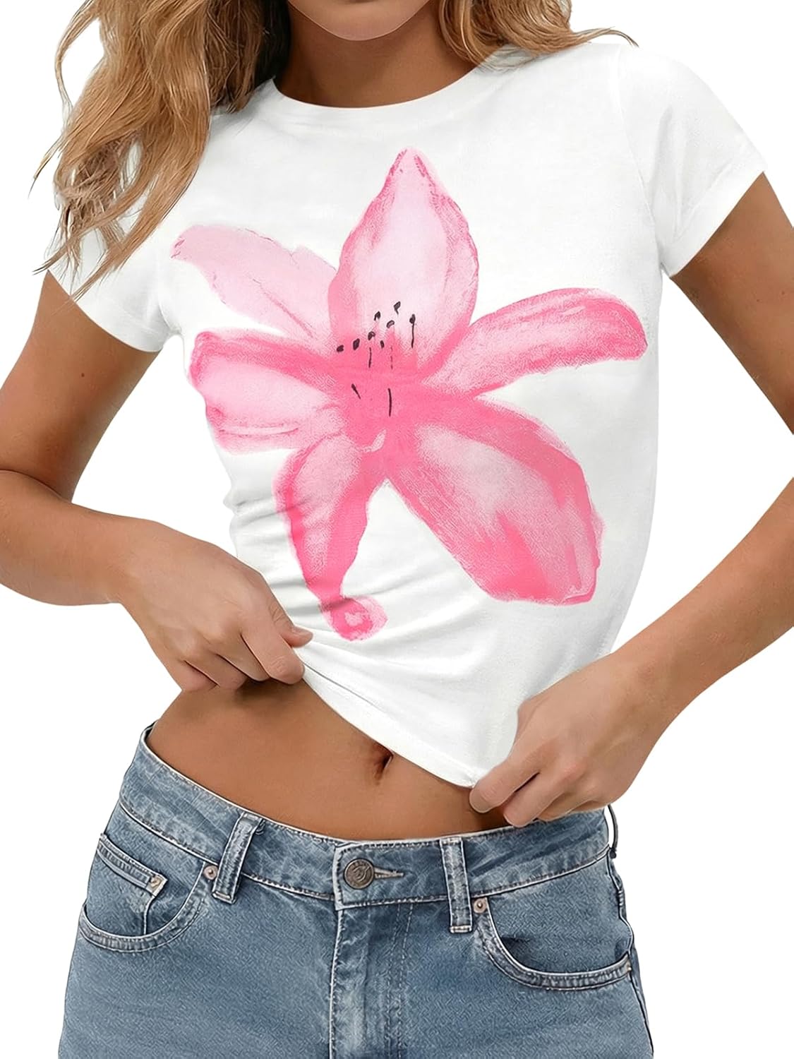 Womens Y2K Graphic Baby Tees Summer Floral Vintage Short Sleeve Tops Slim Fit Cropped Tshirts