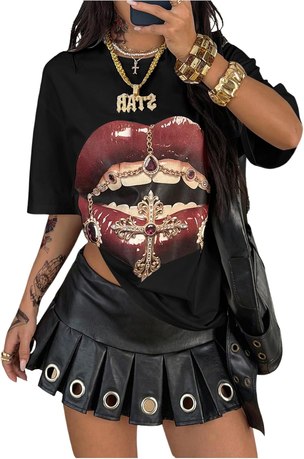 Women's Y2k Lips Print Graphic T Shirts Rave Hip Hop Tees Streetwear Going Out Tops