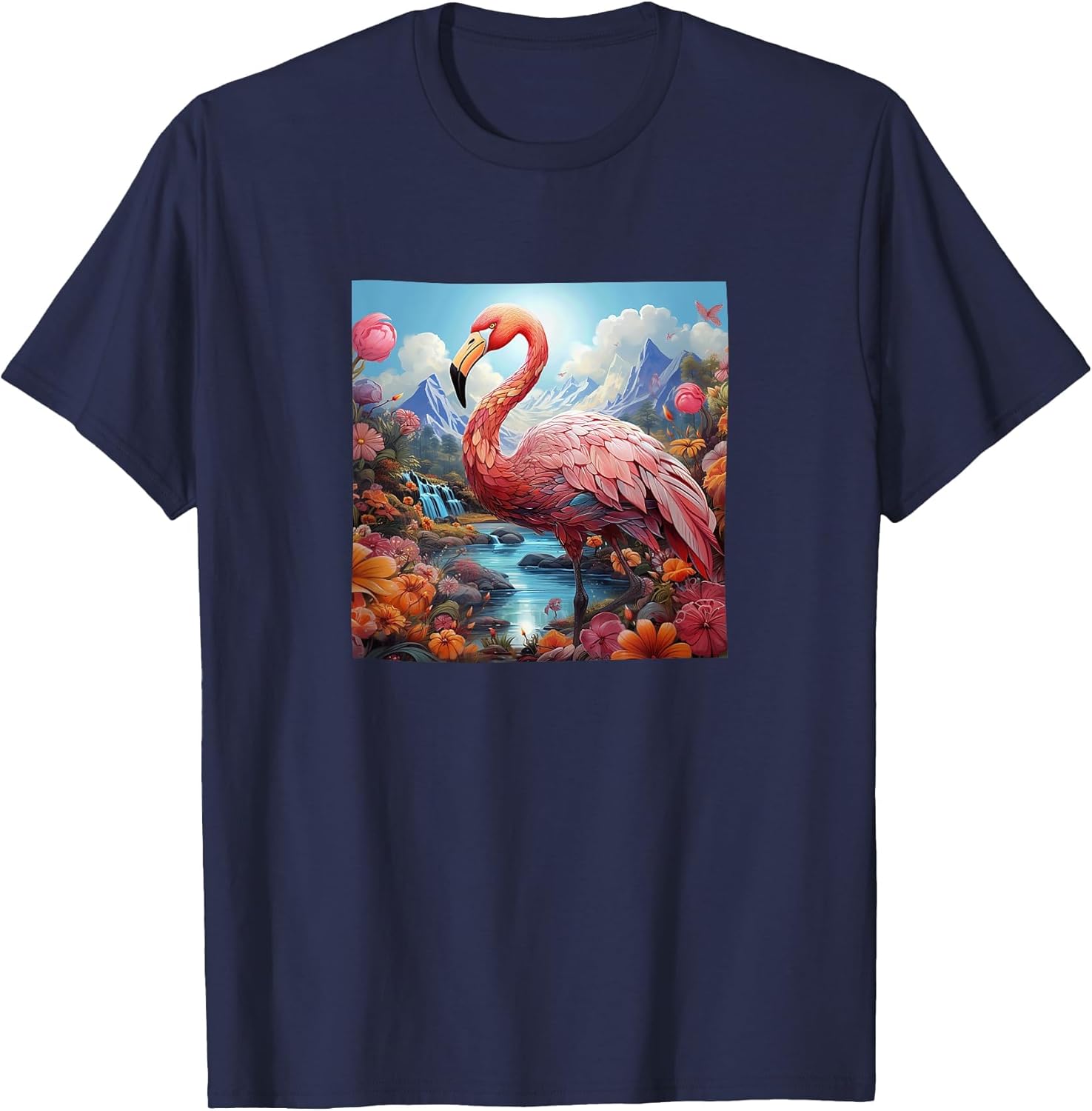Flamingo Colorful River Mountains Flowers Merch