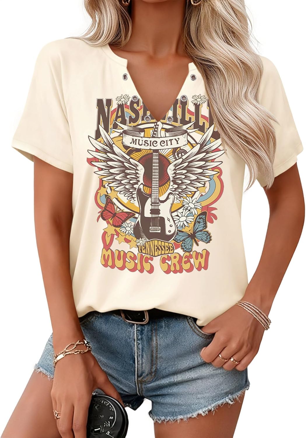 Country Music Outfits for Women Retro Rock Band T Shirts V Neck Guitar Wings Graphic Country Concert Tops Apricot L