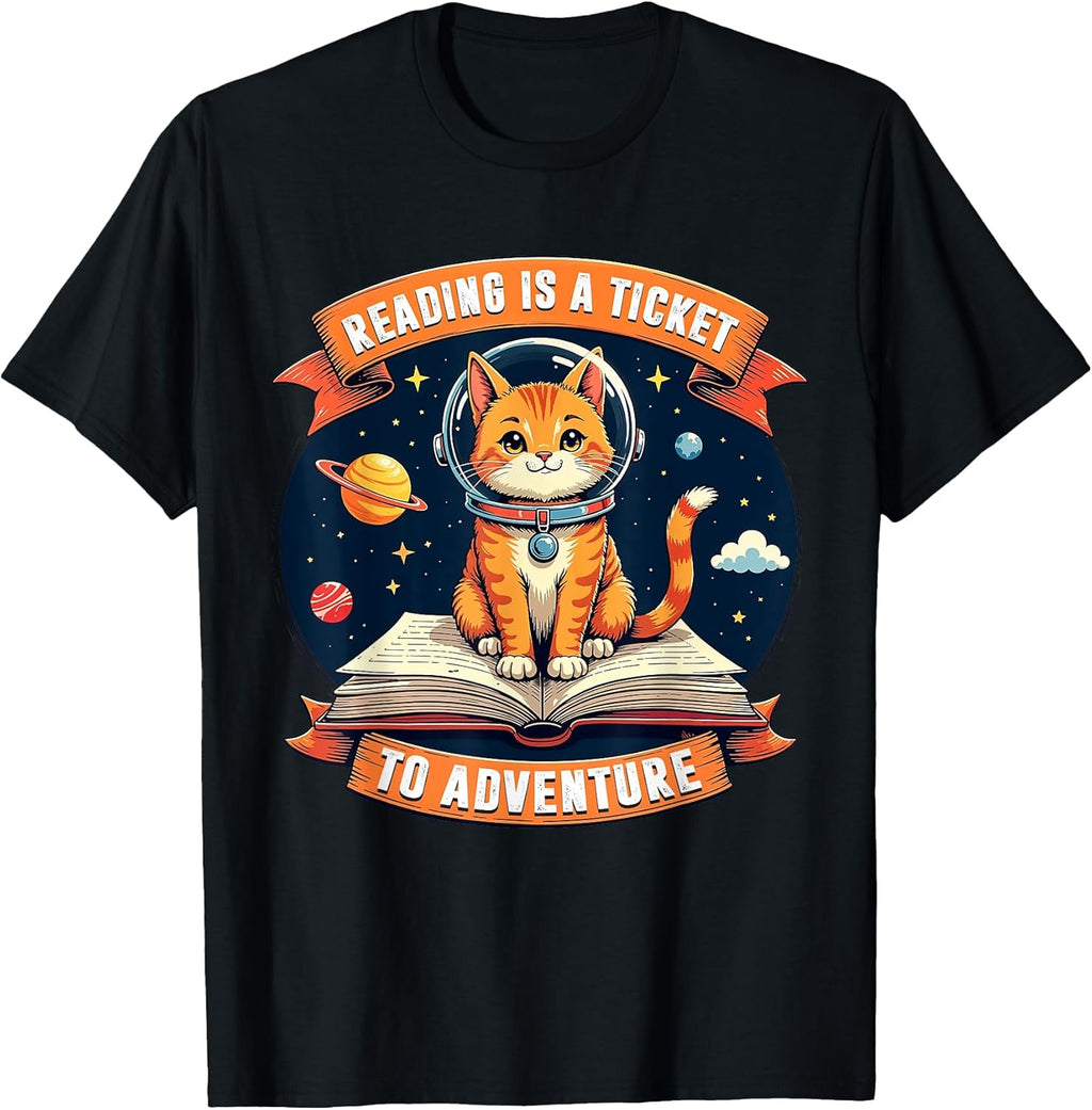 Reading Is A Ticket To Adventure Shirt Kids Space Cat Lover T-Shirt