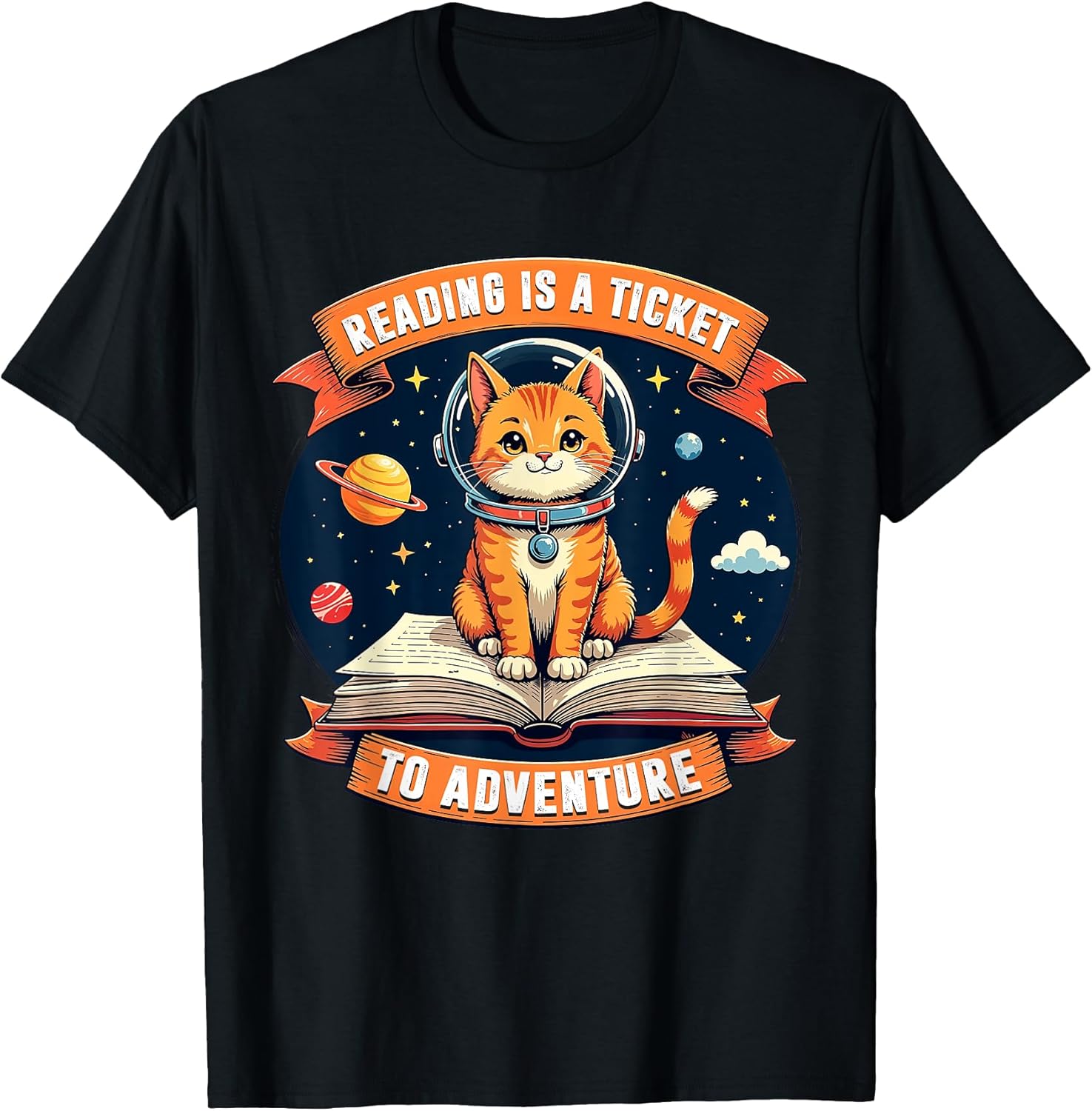 Reading Is A Ticket To Adventure Shirt Kids Space Cat Lover T-Shirt