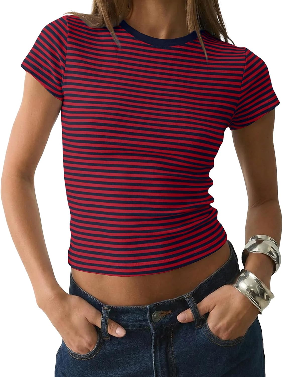 Women Vintage Striped Graphic Crewneck Crop Tops Short Sleeve Fitted Tshirts Summer Basic Tee Y2k Aesthetic Clothes