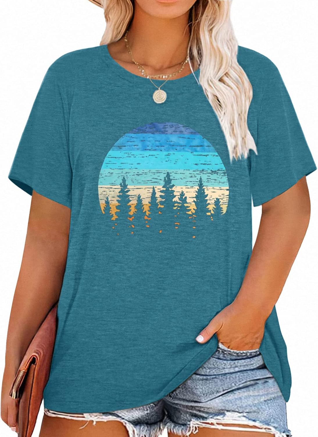 Plus Size Tops for Women Cute Vintage Graphic Tee Sunrise Camping Funny Print Casual Nature Travel Shirt