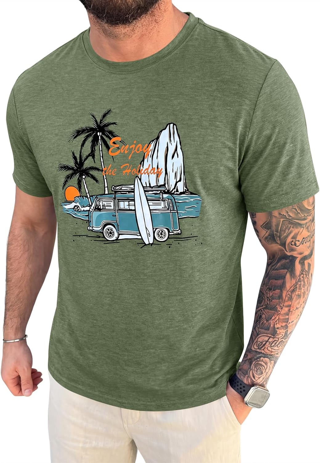 Mens Short Sleeve T-Shirts Graphic Crew Neck Casual Shirt Summer Beach Palm Tree Printed Vintage Hawaiian Tees