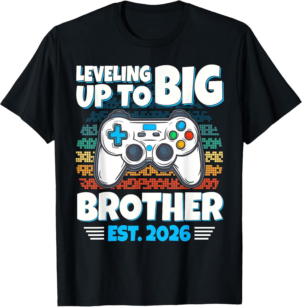 Leveling up to Big Brother est 2026 Gamer Boys Gaming Kids T-Shirt
