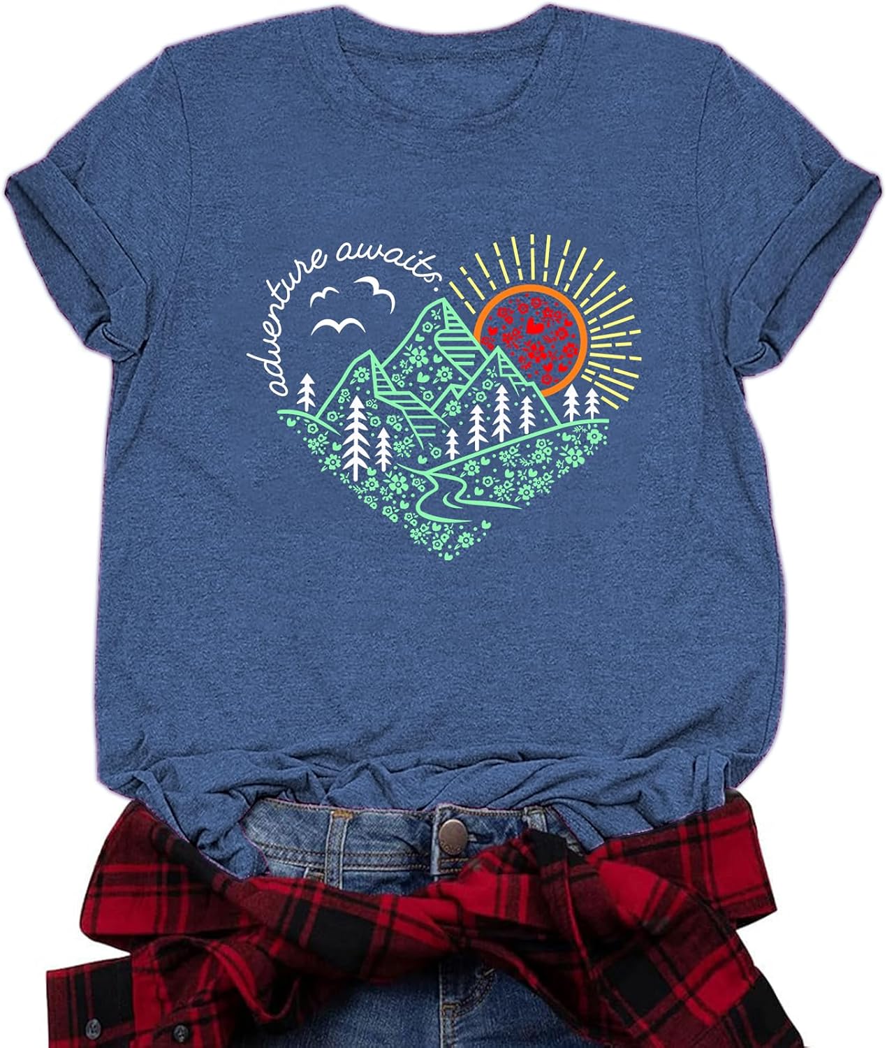Women's Vintage Adventure Awaits Graphic Tee, Kindness Heart Mountain Nature Shirt for Hiking Travel Workout Tops
