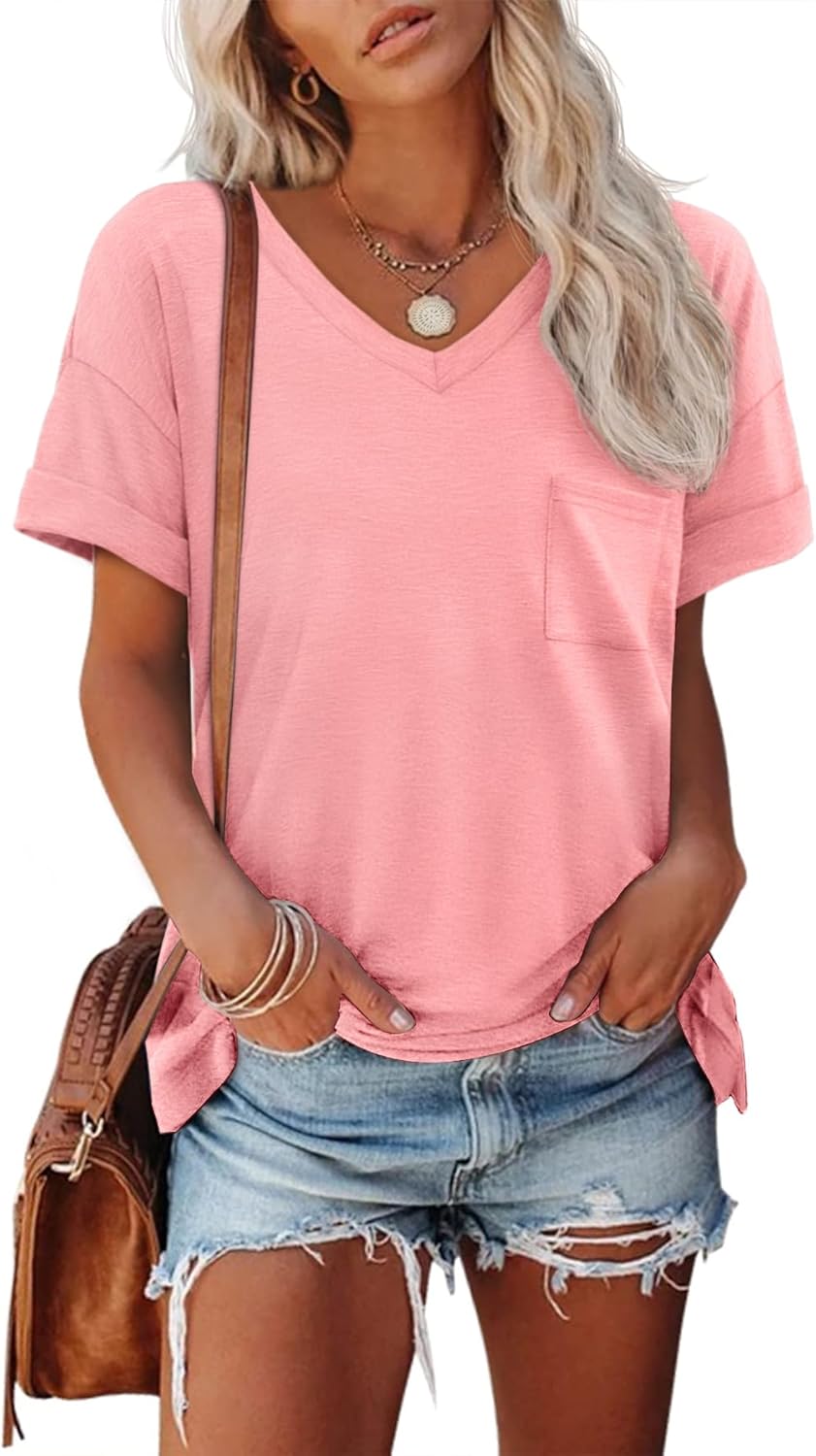 Womens T Shirts 2026 Short Sleeve V-Neck Shirts Cute Fit Summer Casual Tee Tops S-XXL