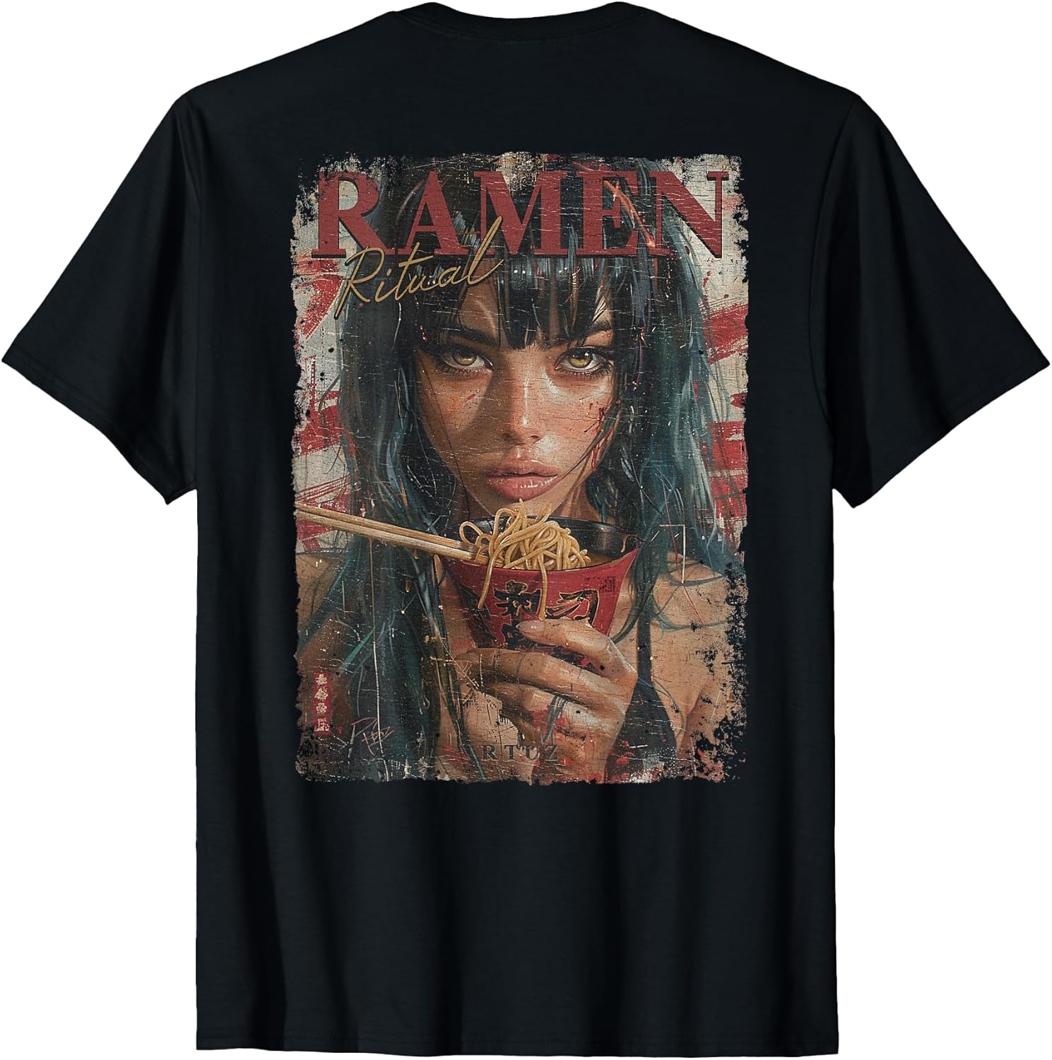 Back Print Pin-up Girl Ramen Noodle Anime Manga Asian Ramen T-Shirt