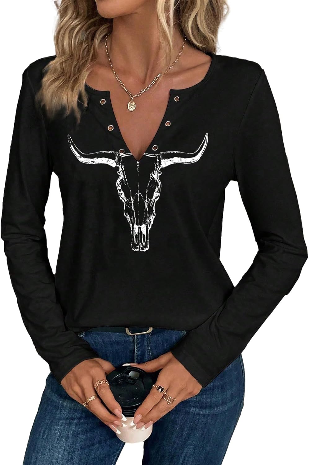 Women's Cowboy Shirt Country Concert Outfit Cute Western Graphic Tee Casual Notched Neck Long Sleeve Top