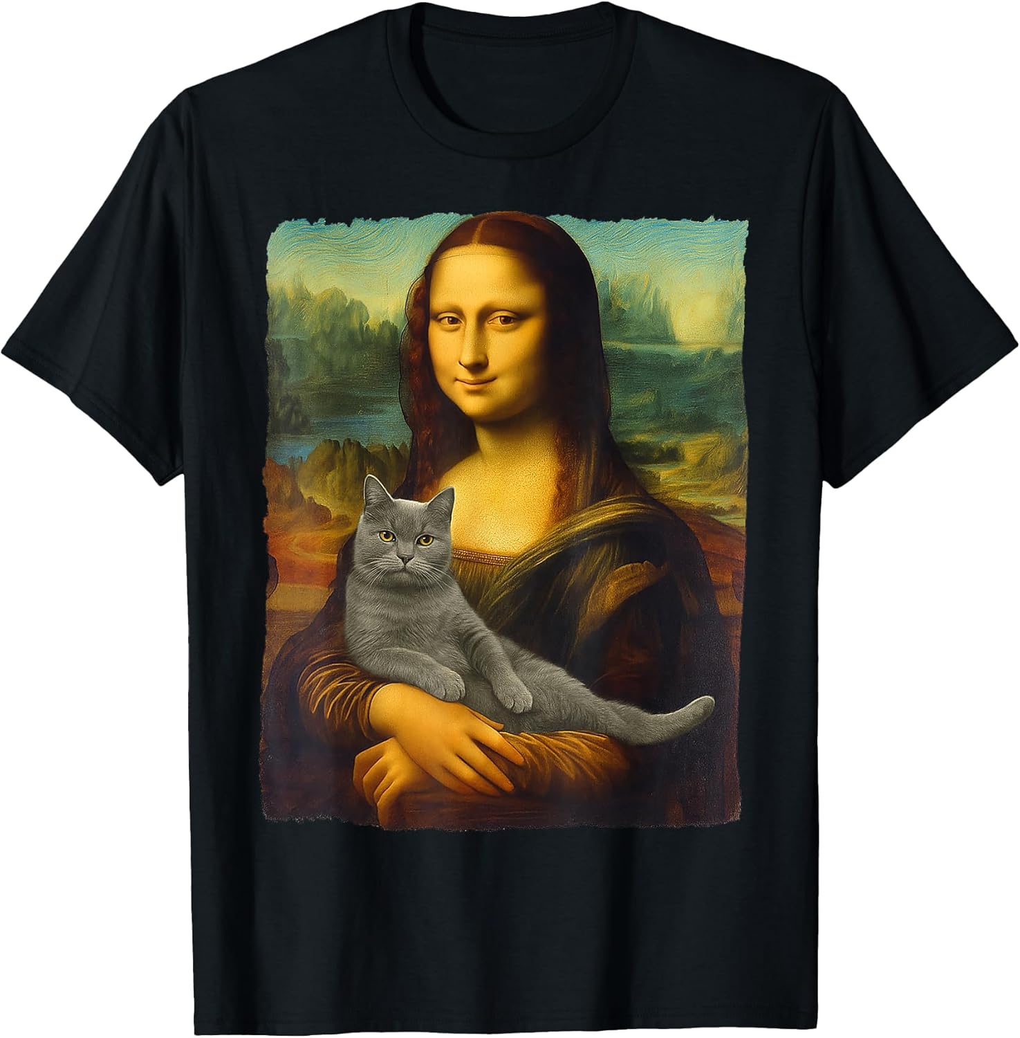 Mona Lisa Gray Cat Art Funny Gifts Cat Lover Cat Mom Cat Dad T-Shirt