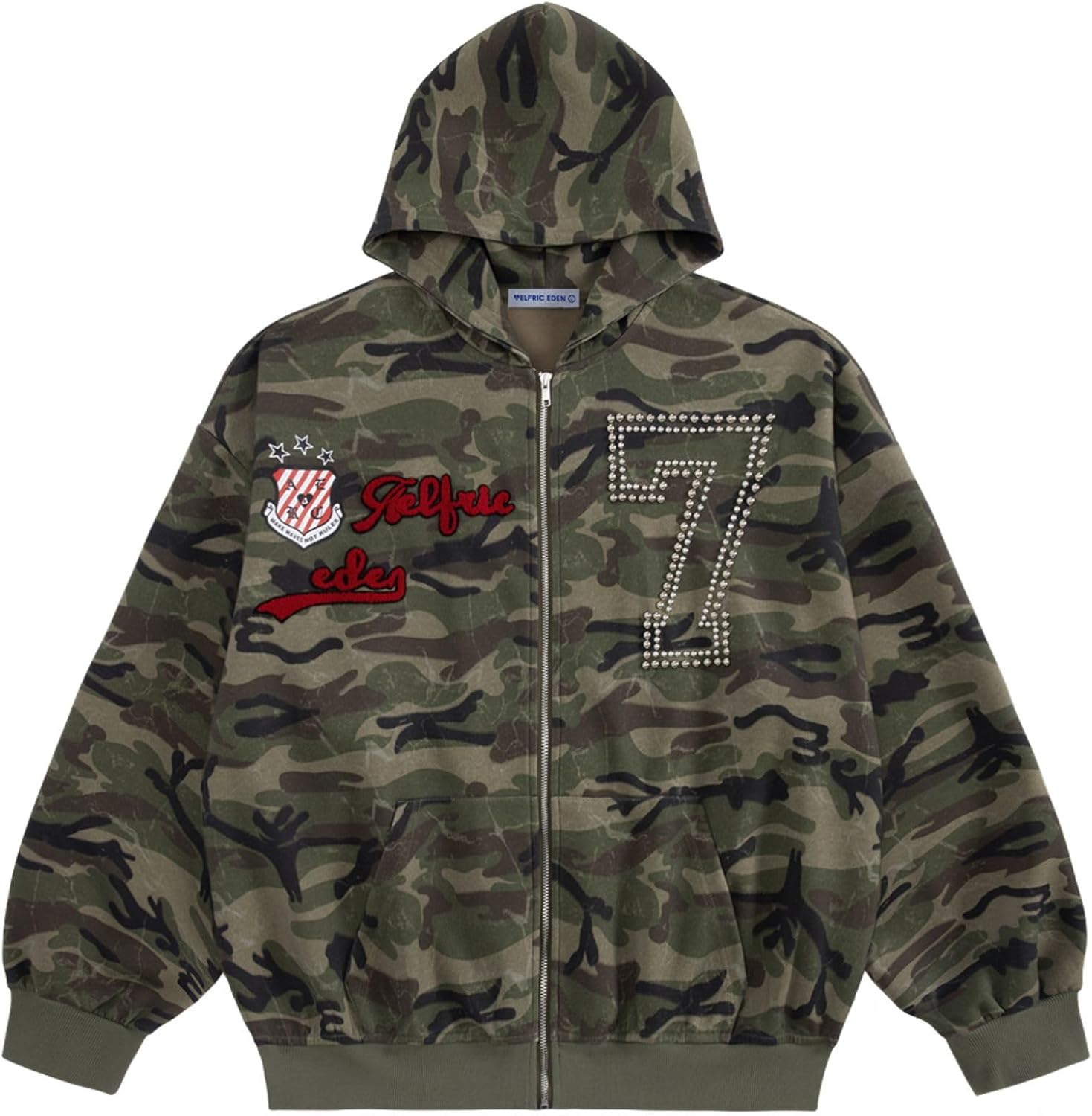 Camo Zip Up Hoodie with Studded Y2k Graphic Oversized Hoodies Vintage Streetwear Outfits