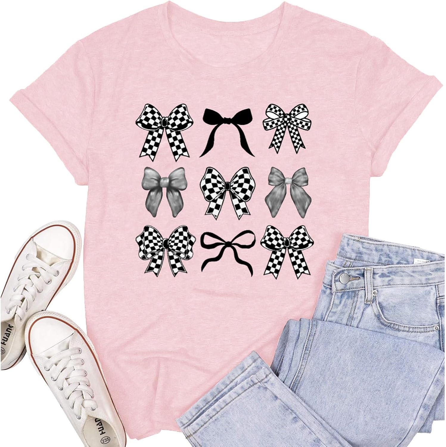 Womens Bow Shirts Bowknot Girly Aesthetic T-Shirt Pink Bow Ribbon Short Sleeves