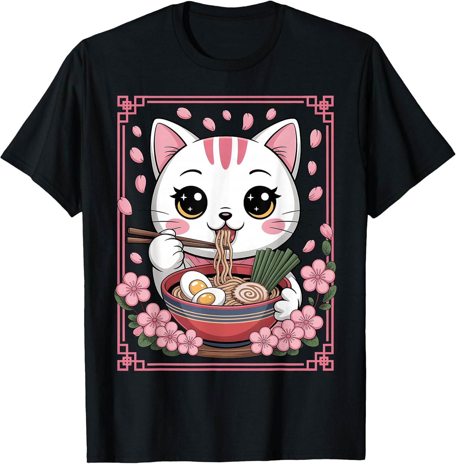 Kawaii Cat Eating Ramen Noodles Japanese Anime Girls Teens T-Shirt