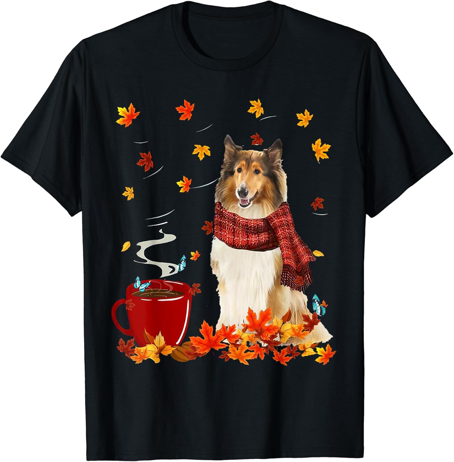 Rough Collie Fall Red Scarf Autumn Leaf For Dog Lover T-Shirt