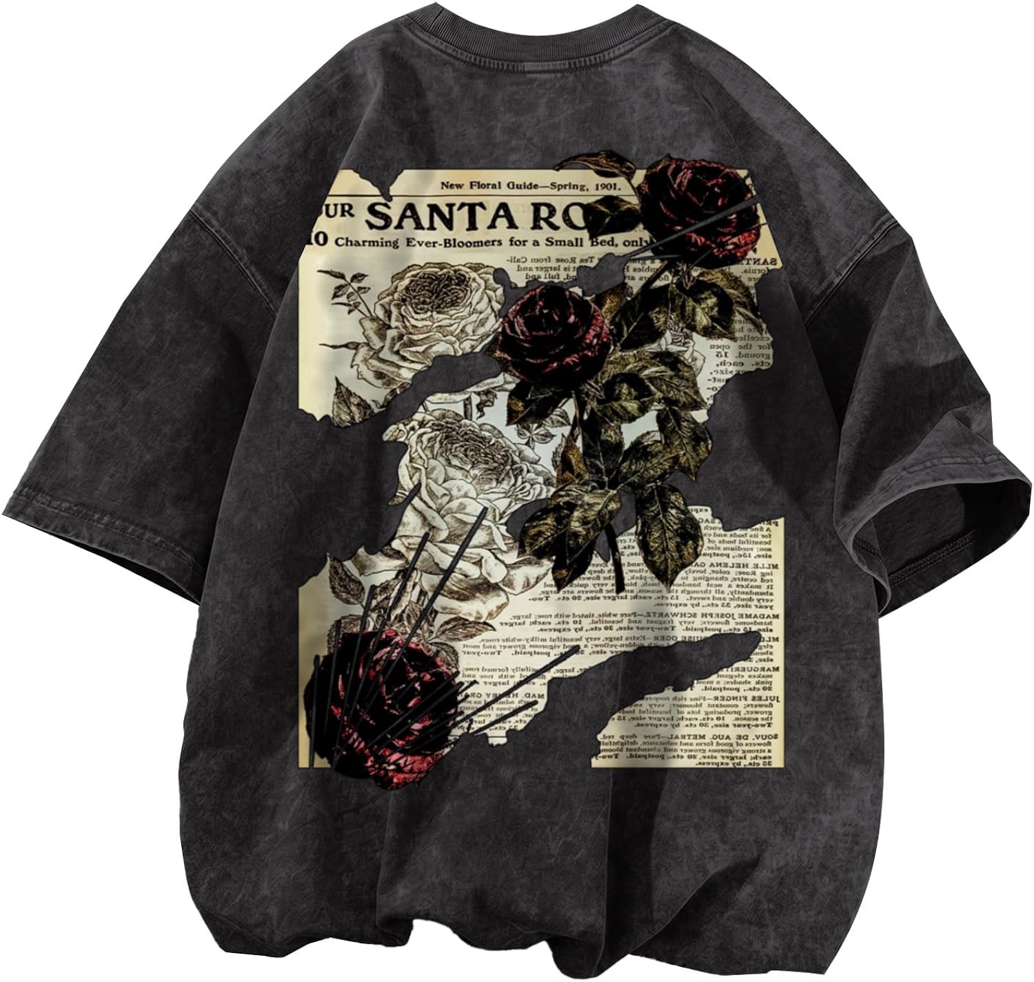 Mens Acid Wash Tshirt Oversized Vintage Graphic T-Shirts Cool Grunge Rose Floral Shirt Trendy Y2K Streetwear Tee Tops