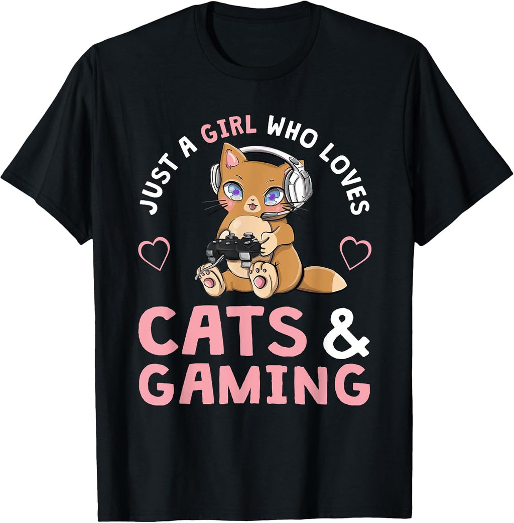 Just A Girl Who Loves Cats and Gaming Cute Gamer Cat T-Shirt Small
