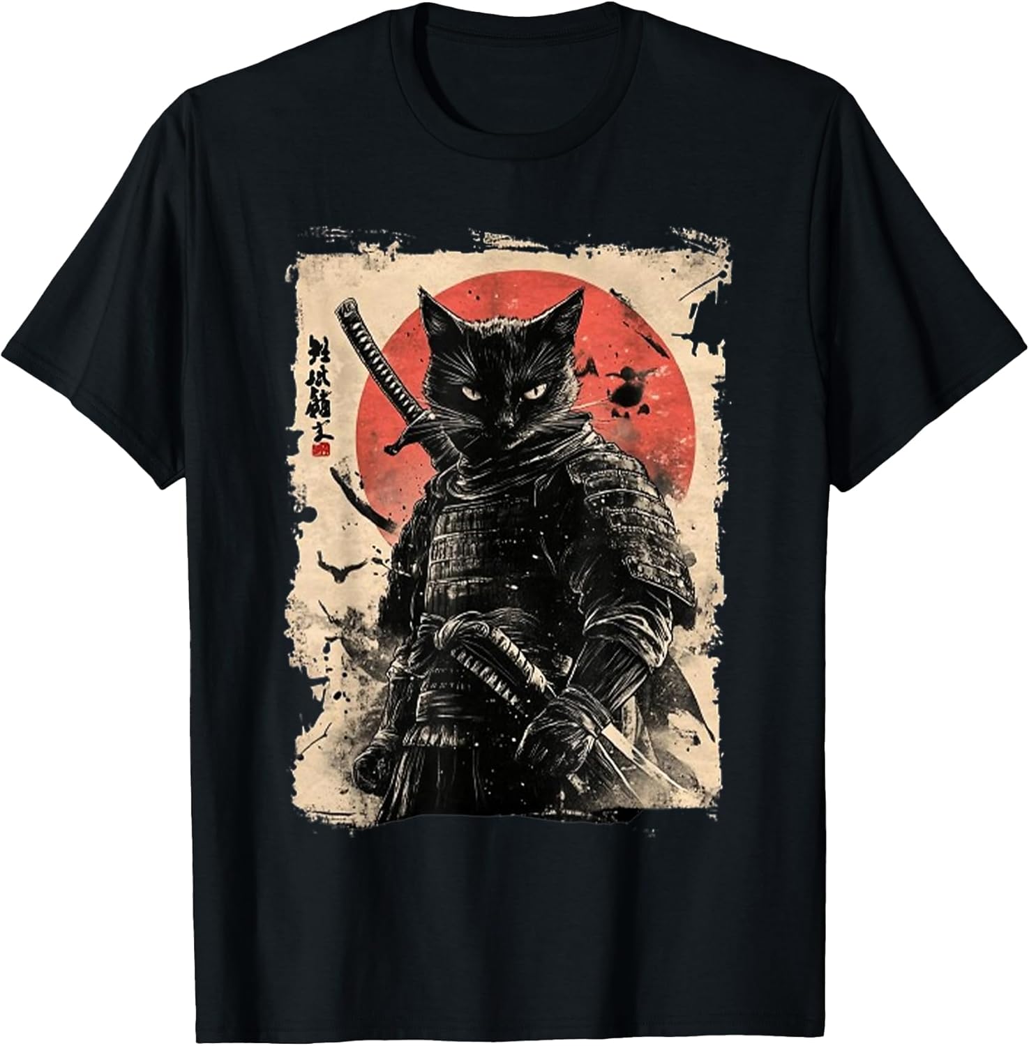 Vintage Japanese Art Anime Graphic Samurai cat Warrior T-Shirt