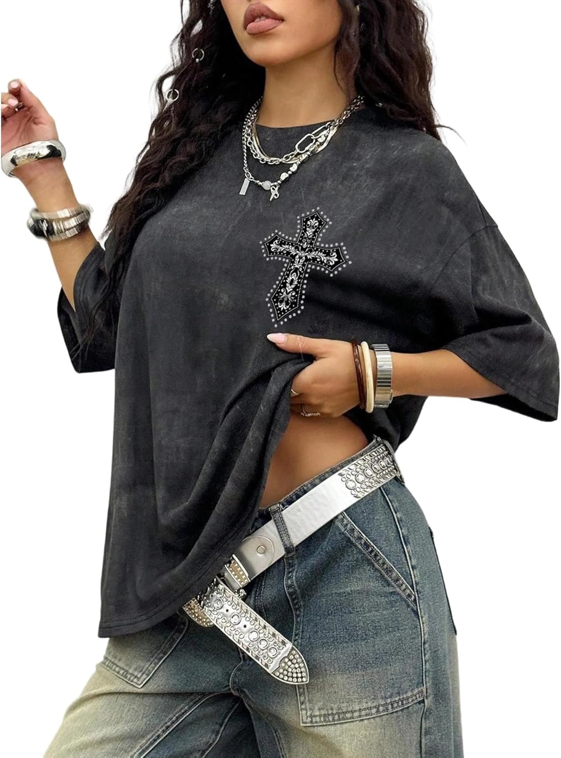 Women's Y2k Gothic Rhinestone T Shirt Graphic Tees Half Sleeve Oversized Vintage Streetwear Summer Tops