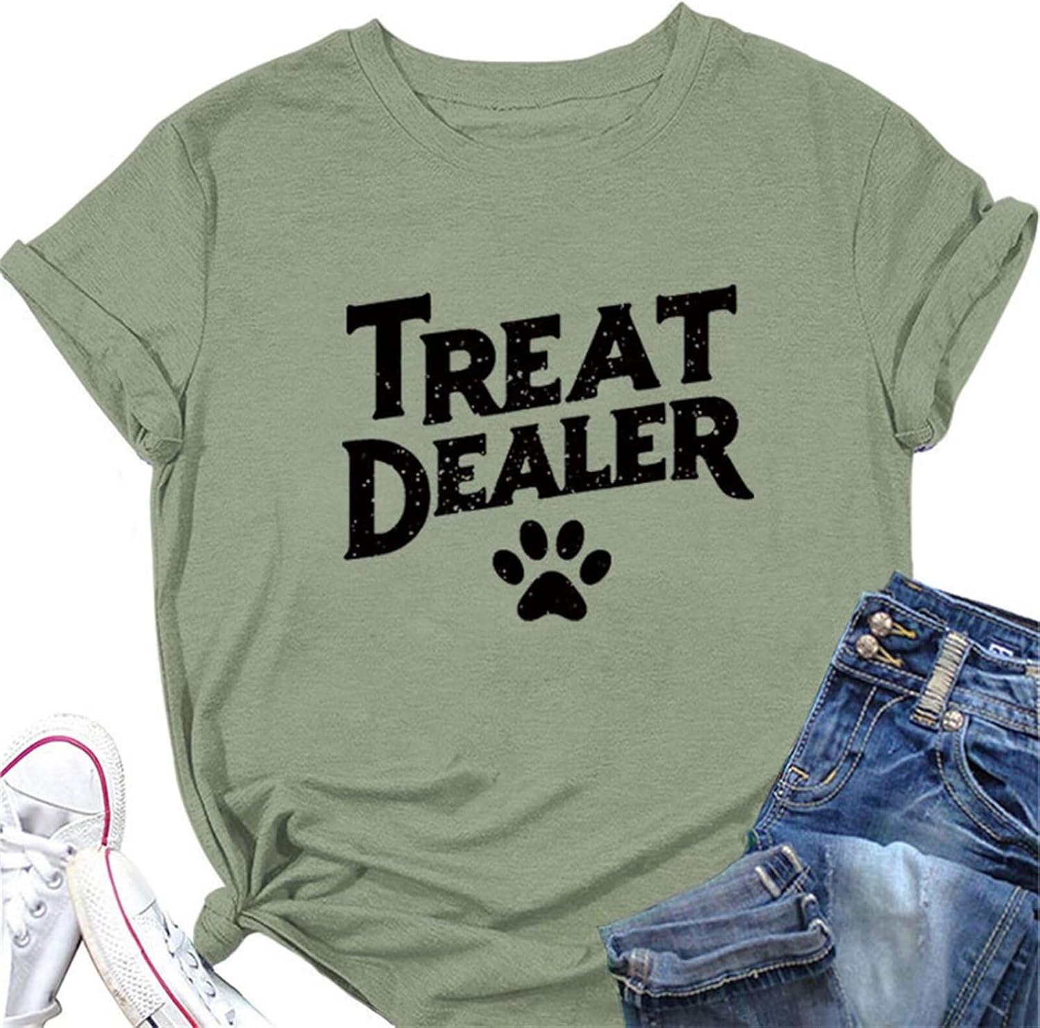 Treat Dealer T Shirt for Women Cute Dog Paw Print Graphic Tees Funny Dog Mom Shirt Puppy Lover Gifts Casual Tops