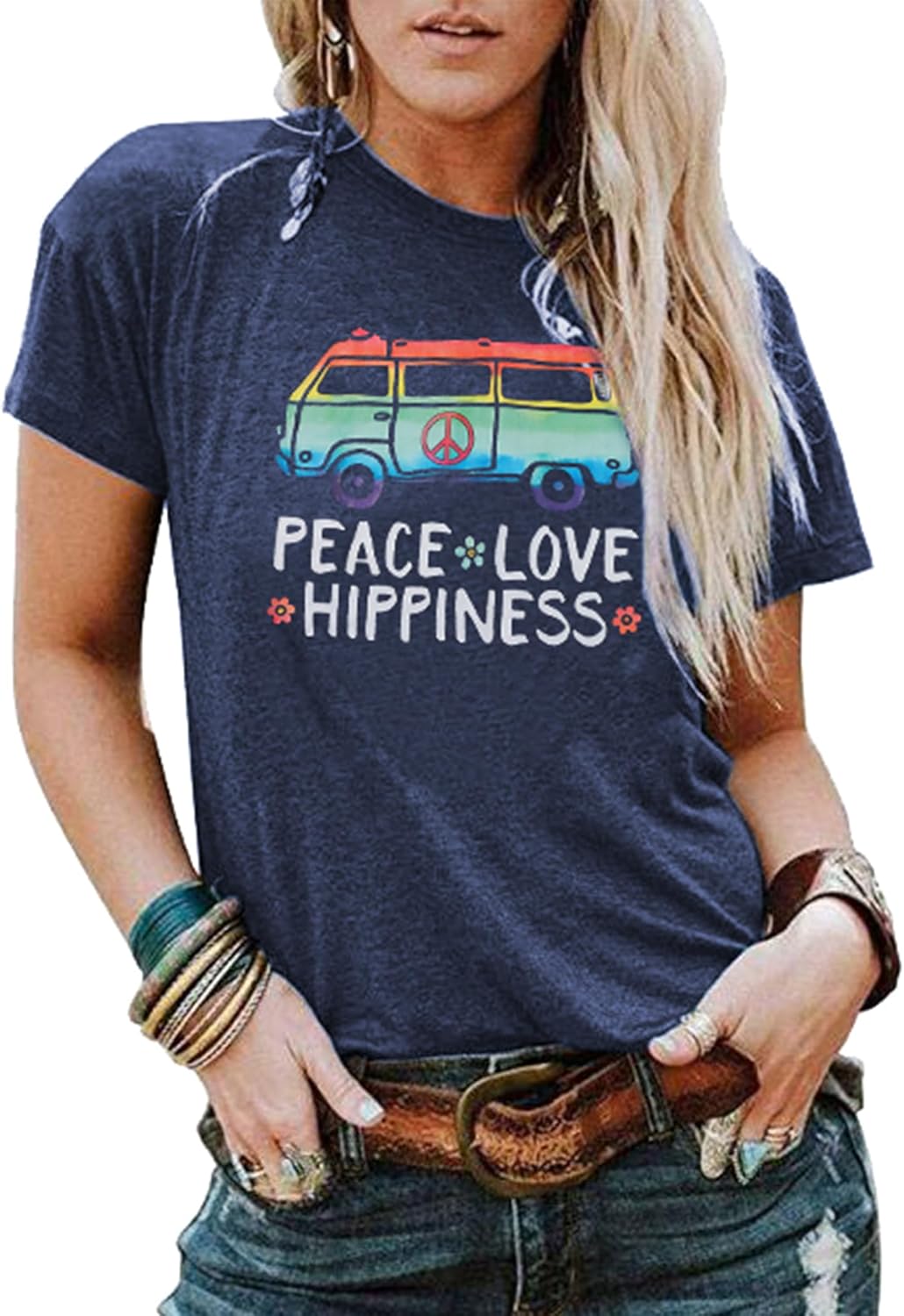 Peace Love T Shirt for Women Hippie Shirts Vintage Graphic Tees Hippy Gifts Tops Short Sleeve Tee Shirts