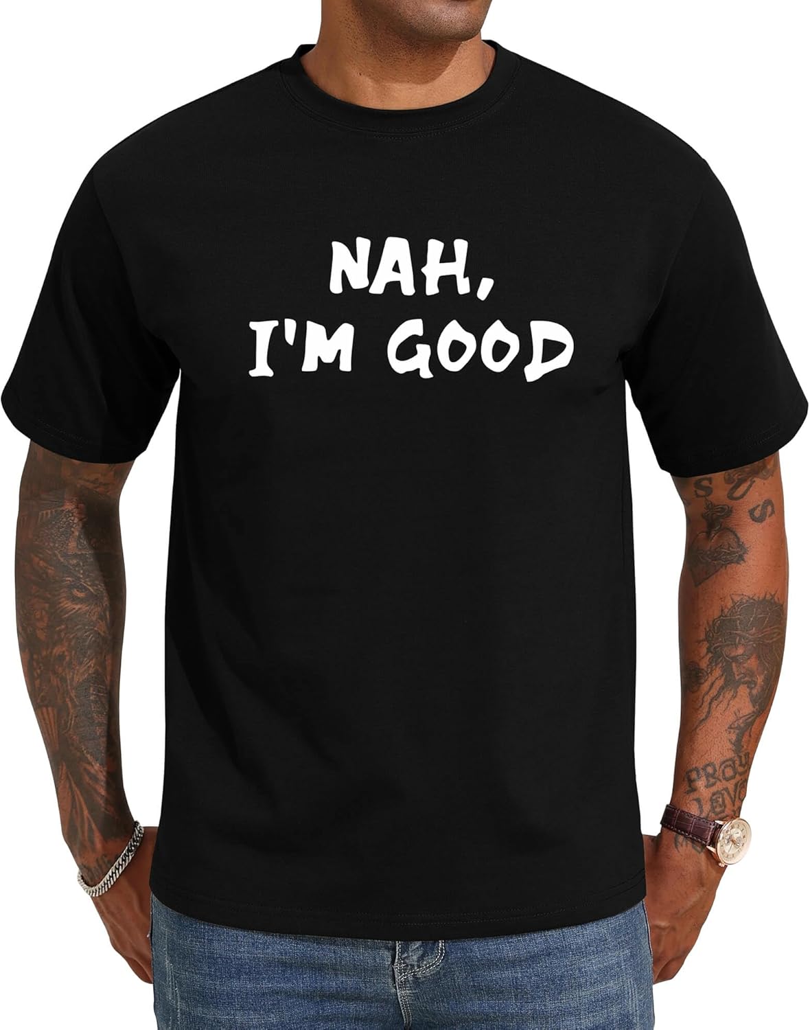 Men's Letter Print Nah I'm Good Graphic Tees Short Sleeve Top Crewneck Casual Regular T-Shirt for Men