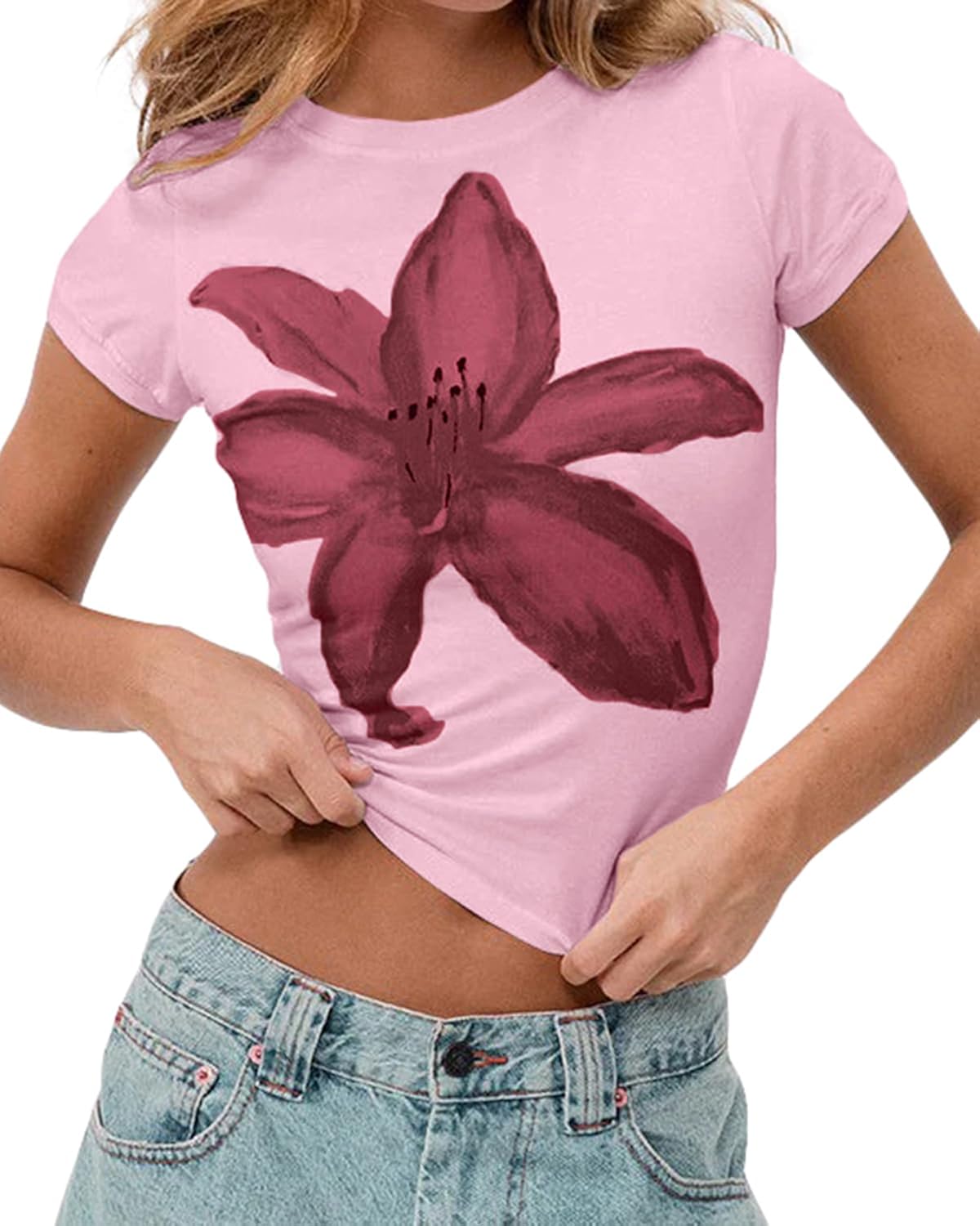 Women Y2K Short Sleeve Flower Graphic Baby Tee Shirt Vintage Aesthetic Floral Print Summer Crop Tshirt Tops