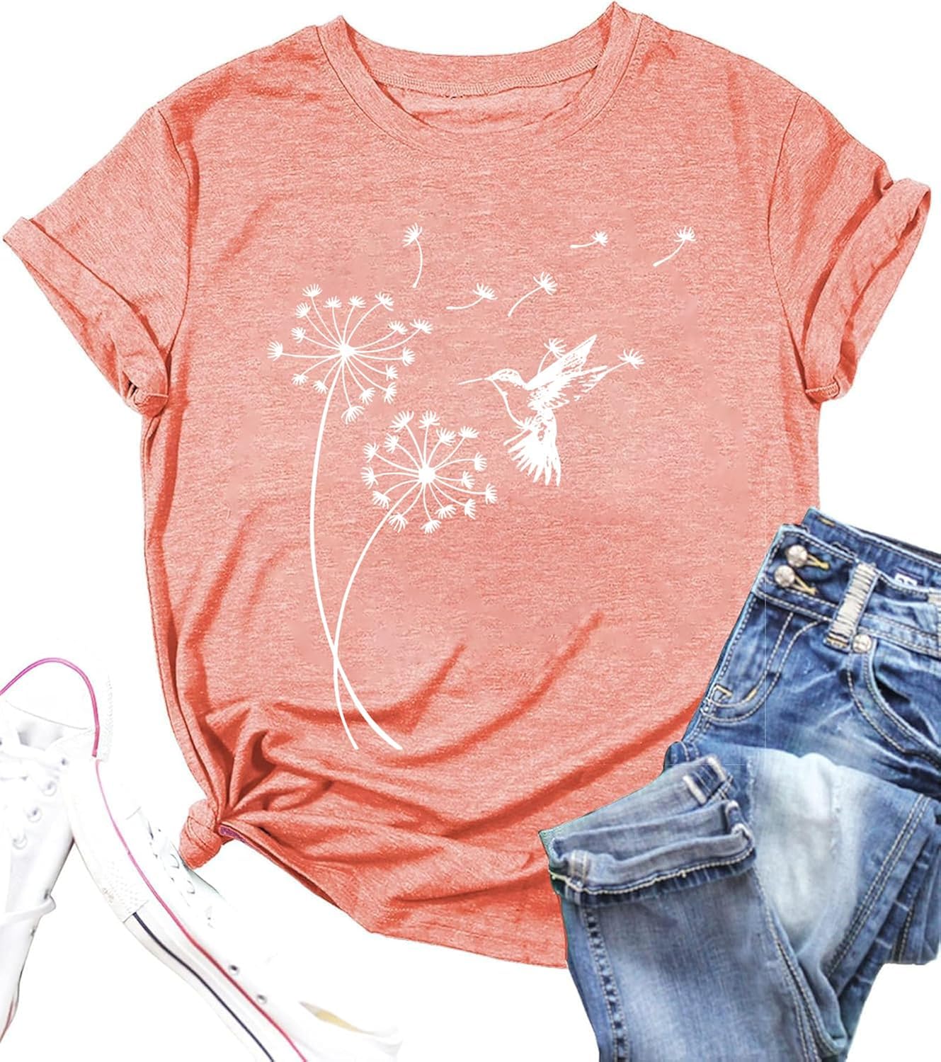 Women's Dandelion T Shirts Cute Wildflower Graphic Tees Funny Nature Bird Print Summer Casual Short Sleeve Tee Tops