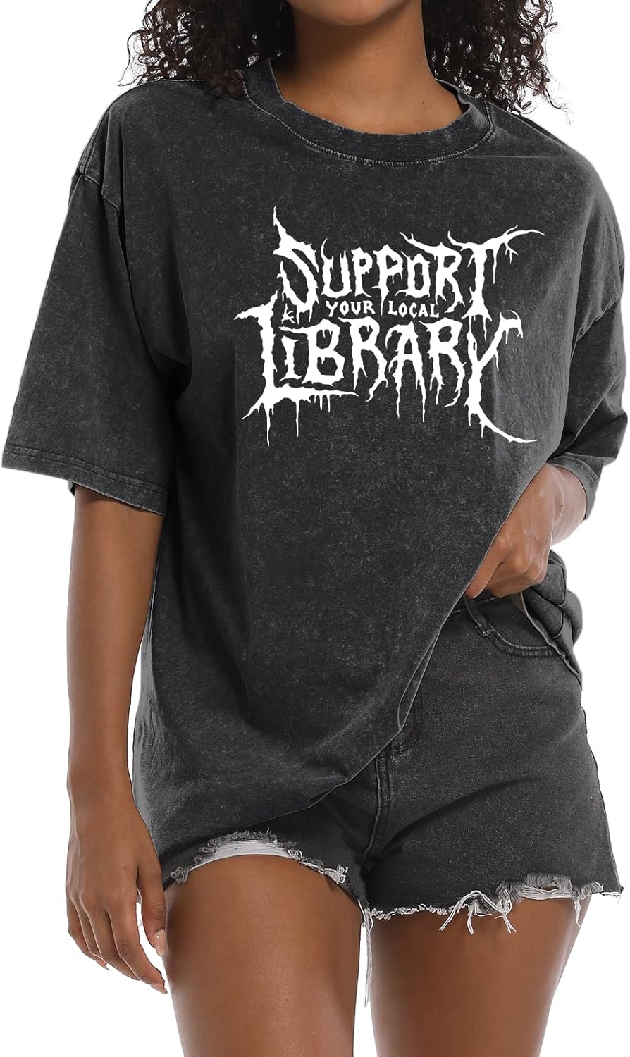 Women Goth Support Your Local Library Shirt Gothic Vintage Streetwear Shirts Acid Wash Tshirt Graphic Oversized Tee