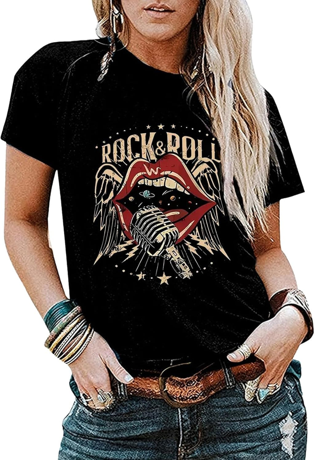 Women Rock Band T-Shirts Crew Neck Short Sleeve Country Music Graphic Tee Shirt Summer Casual Loose Tee Top